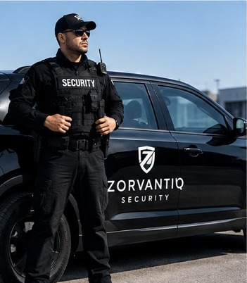 Zorvantiq Security guard beside a patrol car