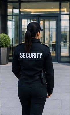 Female Zorvantiq Security guard at a building entrance